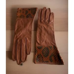 Vtg Carlos Falchi Leather Gloves Snake Skin Cuff Silk Lined Brown Women 7.5